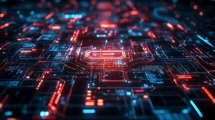 Poster - Abstract digital circuit board with glowing red and blue lines, intricate design, technology concept
