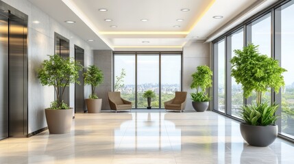 Poster - A bright modern office lobby with plants and large windows