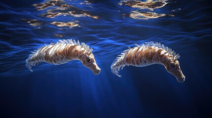 Poster - Two zebralike creatures are swimming in the deep blue water