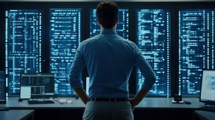 Poster - A man contemplates data displayed in a server control room setting