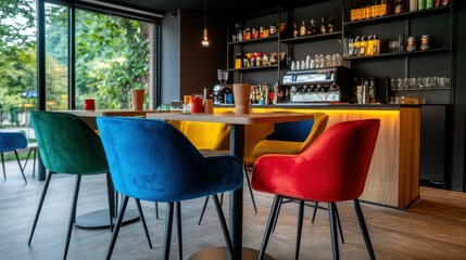 Poster - A modern cafe features a bar with colorful seating arrangements