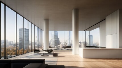 Poster - Modern interior with large windows and city view scenery