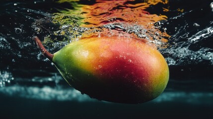 Poster - A colorful mango submerged in water with bubbles around it
