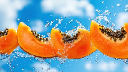 Poster - Fresh Papaya Slices Surrounded By Splashing Clear Water Drops