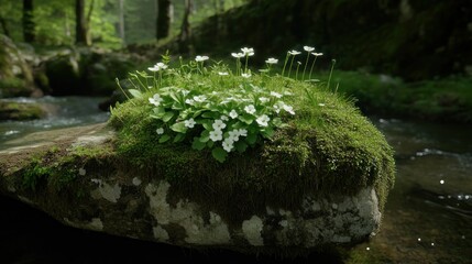 Poster - White flowers grow on moss covered rocks near water