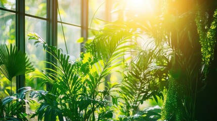 Poster - Lush green plants near a window bathed in sunlight beautifully