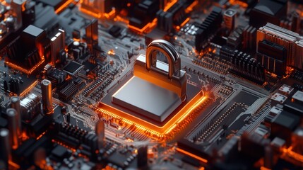 Poster - A silver padlock symbolizes data security on a circuit board