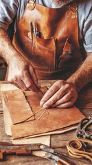Poster - A craftsman carefully hand stitches leather with needle and thread