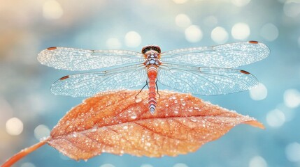Aufkleber - A Delicate Dragonfly Rests Peacefully On A Wet Leaf