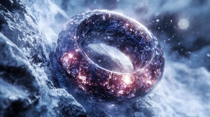 Poster - A glowing cosmic ring rests upon a rocky frozen surface