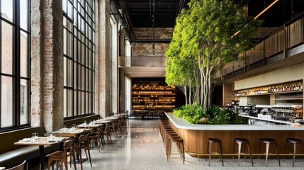 Poster - A restaurant interior with tables chairs and trees inside the space