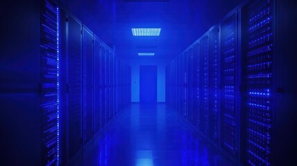Aufkleber - Blue-lit server room with rows of servers and illuminated ceiling