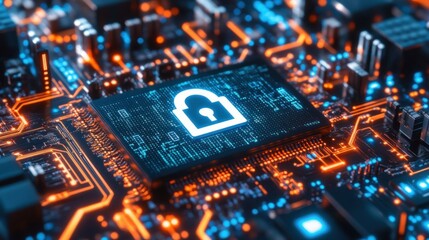 Poster - The electronic circuit board displays a security lock symbol brightly