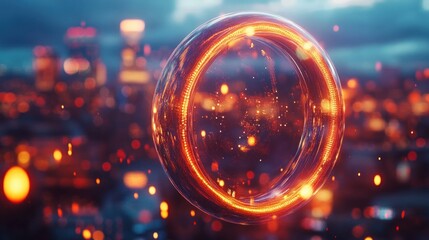 Poster - A Glowing Spherical Portal Hovers Above a Lit City Skyline