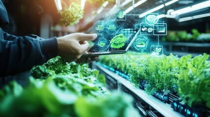 Poster - Person controlling plants with a digital tablet in a greenhouse