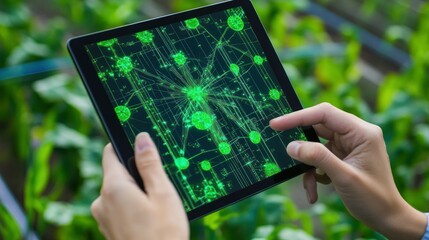 Poster - A person using a tablet with data in a green field
