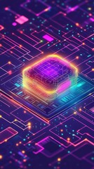 Poster - Glowing digital circuit board displaying a central processing unit of sorts