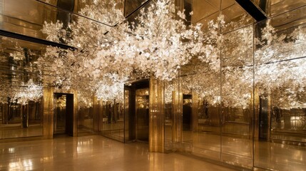 Poster - A mirrored room contains artificial white flowering branches overhead