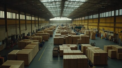 Aufkleber - A large warehouse filled with many cardboard boxes and crates
