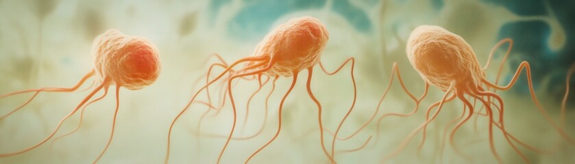 Aufkleber - Three microscopic bacterial cells exhibit their intricate flagella structures in detail