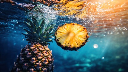 Poster - A Pineapple With One Half Floating Underwater In Sunlight