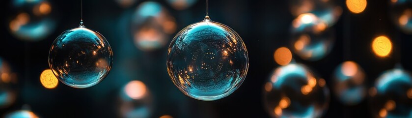 Poster - Several hanging glass spheres with light and reflections present