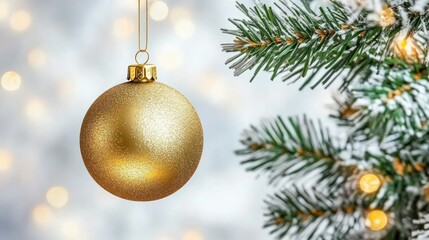 Poster - A sparkling golden christmas ornament hangs with festive evergreen branches