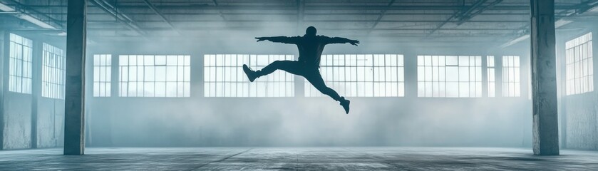 Poster - A silhouetted person leaps dramatically in a large industrial warehouse
