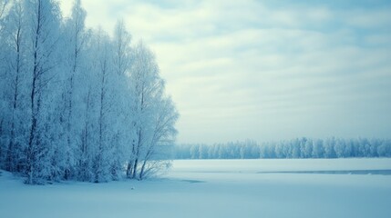 Poster - Beautiful winter scene of frosted trees along a frozen lake