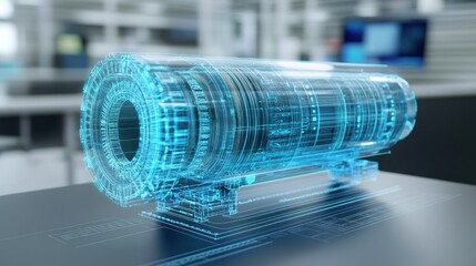 Poster - A futuristic digital projection of engineering machinery is showcased