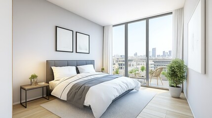 Poster - A modern minimalist bedroom with city view balcony in daytime