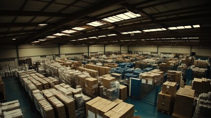 Poster - A large warehouse filled with packaged boxes of goods