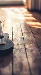 Poster - A small ukulele rests on wooden planks with sunlight streaming