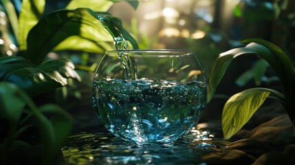 Poster - Clear Water Pours Into A Glass Bowl Surrounded By Greenery