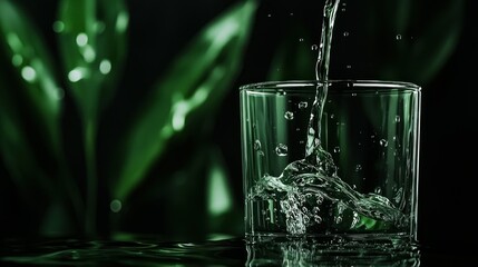 Poster - Crystal Clear Water Pouring Into A Glass Surrounded By Green Leaves