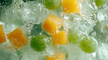 Poster - Cubed cantaloupe and grapes chilling with ice in water