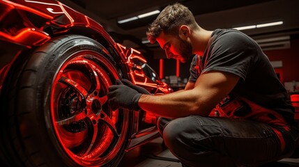 Poster - A mechanic is working on a car wheel in a workshop