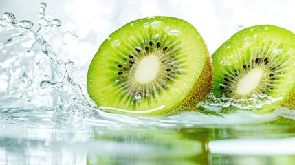 Poster - Two sliced kiwi fruits surrounded by water in a bright setting