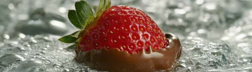 Poster - A dipped strawberry rests amid a watery bubble filled environment