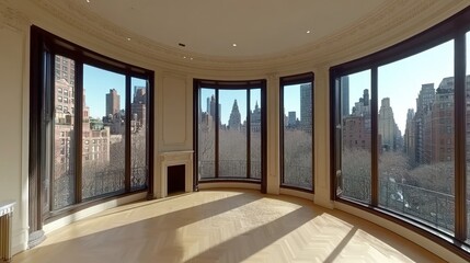 Poster - A spacious room with windows overlooking the cityscape outside