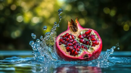 Poster - A sliced pomegranate fruit surrounded by water droplets and a splash