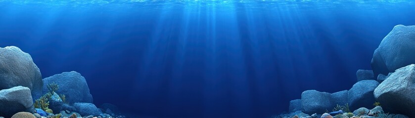 Poster - Underwater scene showing rocks sunlight and a deep blue ocean environment