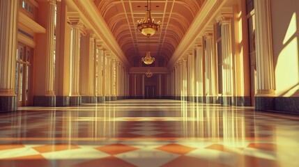 Poster - A long hallway with pillars and chandeliers casts shadows
