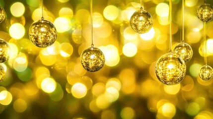 Poster - Shiny golden decorative balls are suspended in a blurry background
