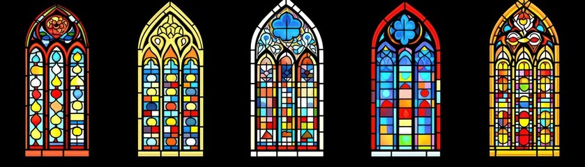 Poster - Five diverse stained glass windows with various colorful designs presented