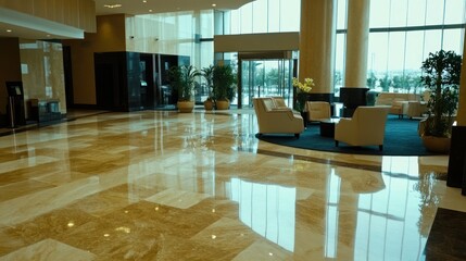 Poster - A Luxurious Hotel Lobby Interior Features Reflective Floors And Seating