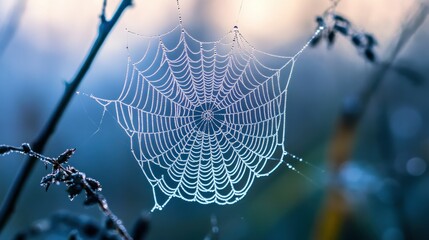 Poster - A delicate spider web covered with water droplets in nature