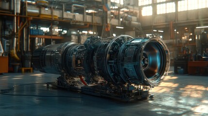 Poster - A large industrial engine rests inside a bright warehouse facility