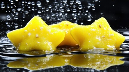 Poster - Three yellow star shaped fruits in water with droplets falling