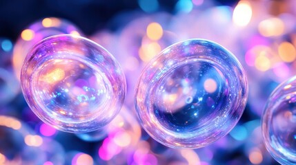 Poster - Two iridescent spheres floating with bokeh in a vibrant environment